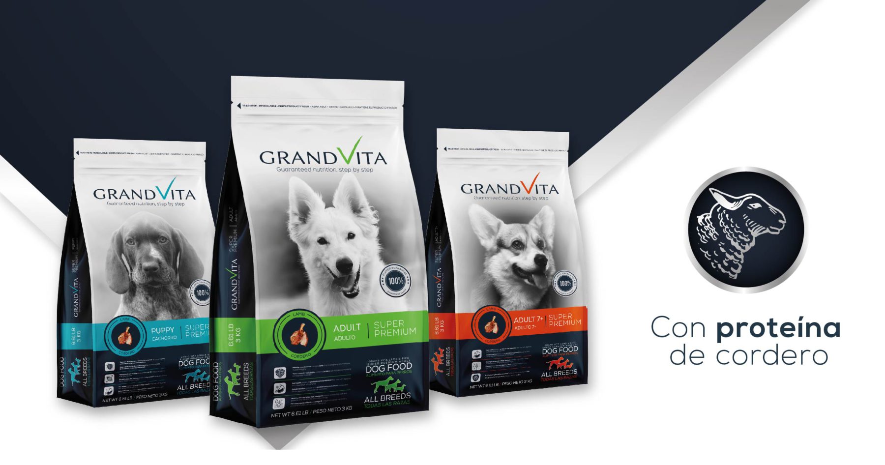 Alimento para perros Grandvita con proteína de cordero, ideal para buena digestión. 